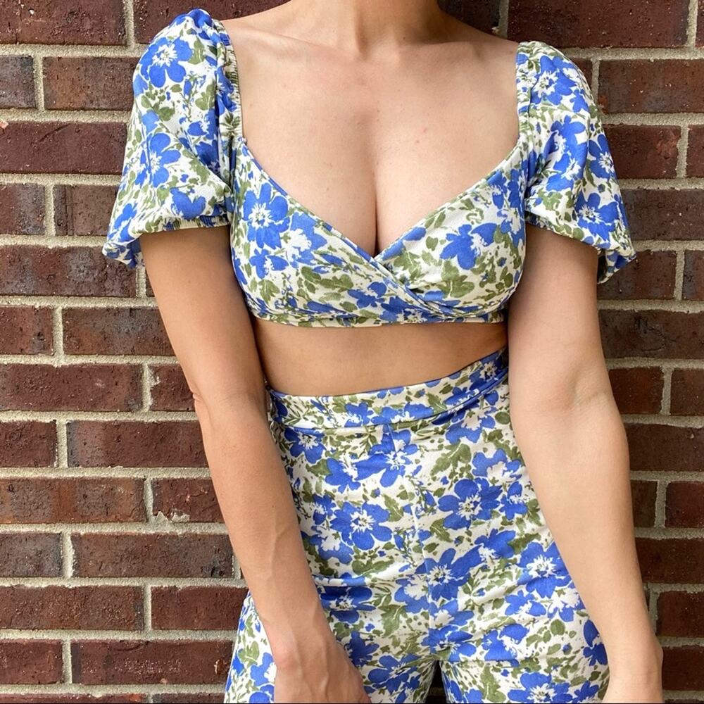 Missguided 70s inspired floral hi waist pants and crop top outfit 0 XS 2-piece - Picture 4 of 8